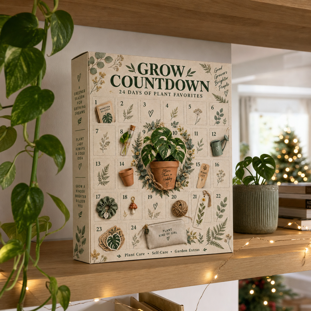 Advent calendar on a shelf in a plant-filled living room