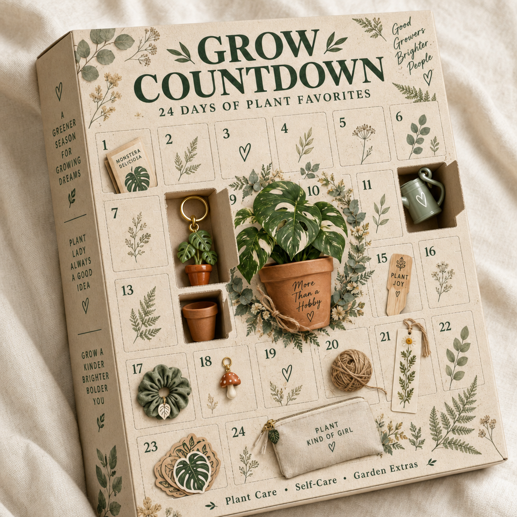 Advent calendar doors opened showing plant gifts inside