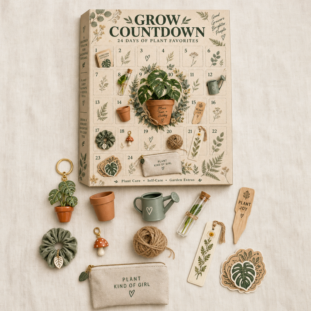 Plant-themed gifts laid out beside the calendar